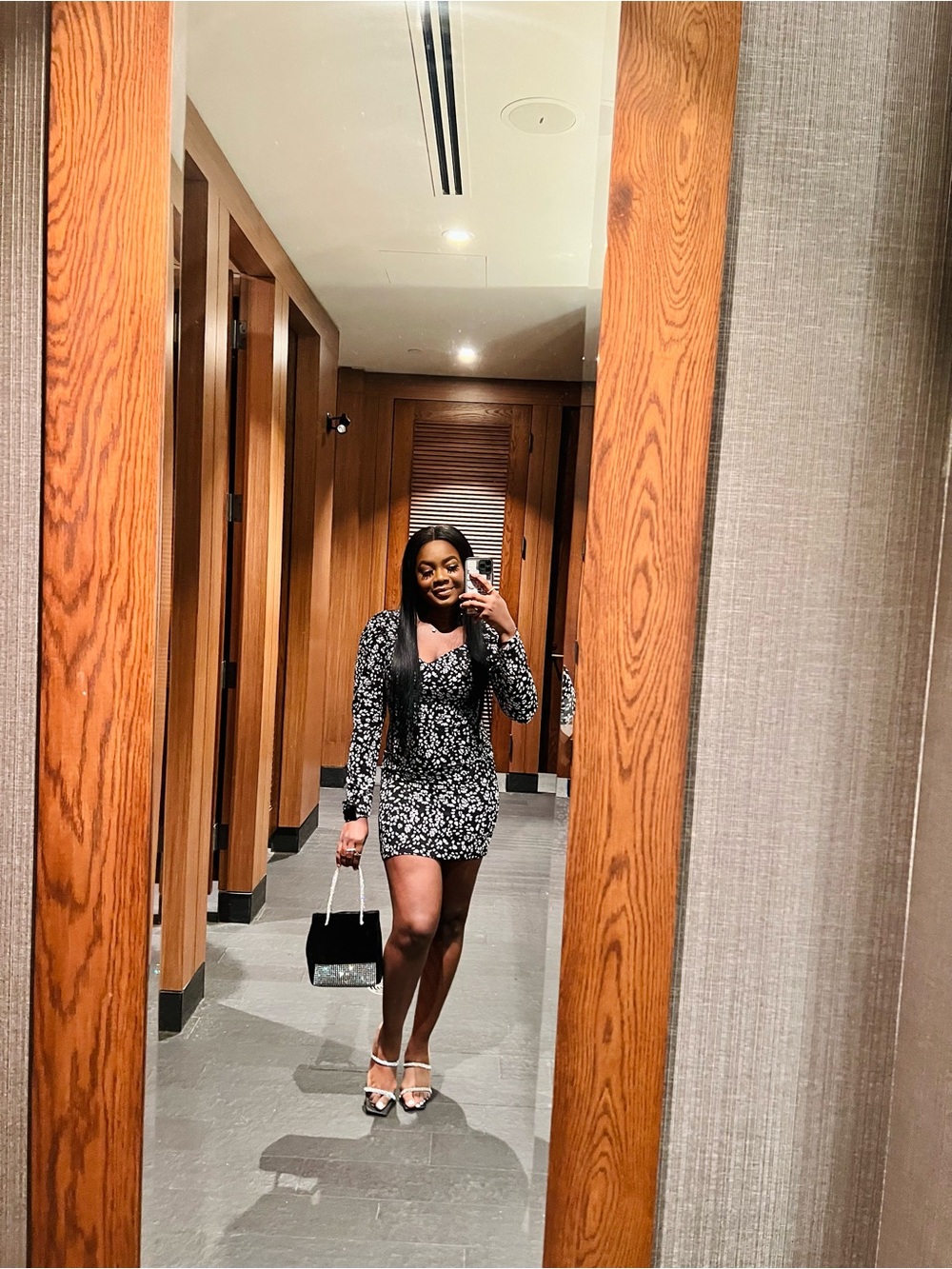 Black Floral Long-Sleeve Mini Dress with sweetheart neckline